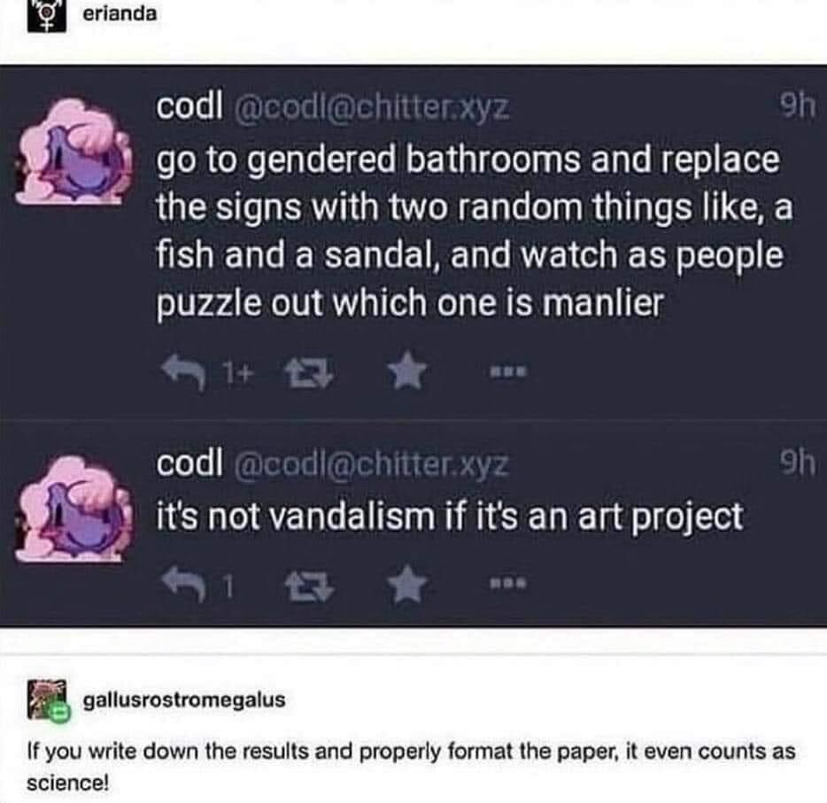 This meme is a screenshot of a Twitter post that starts with "go to gendered bathrooms and replace the signs with two random things" and continues with a humorous example of replacing a "men" sign with a picture of a fish and a "women" sign with a picture of a sandal. The post is followed by a response from a user named "god" who makes a sarcastic comment about the post's author.